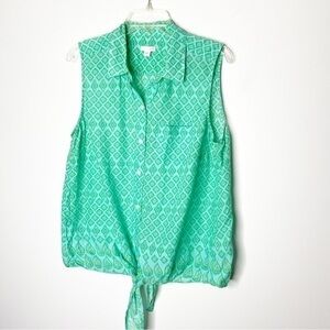 J. Jill Green & Blue Geometric Print Button Down 10% Cotton Shirt Size Large‎